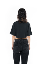 Kadın Oversize Fm Icon Yıpratmalı Crop Tişört - Siyah - 5