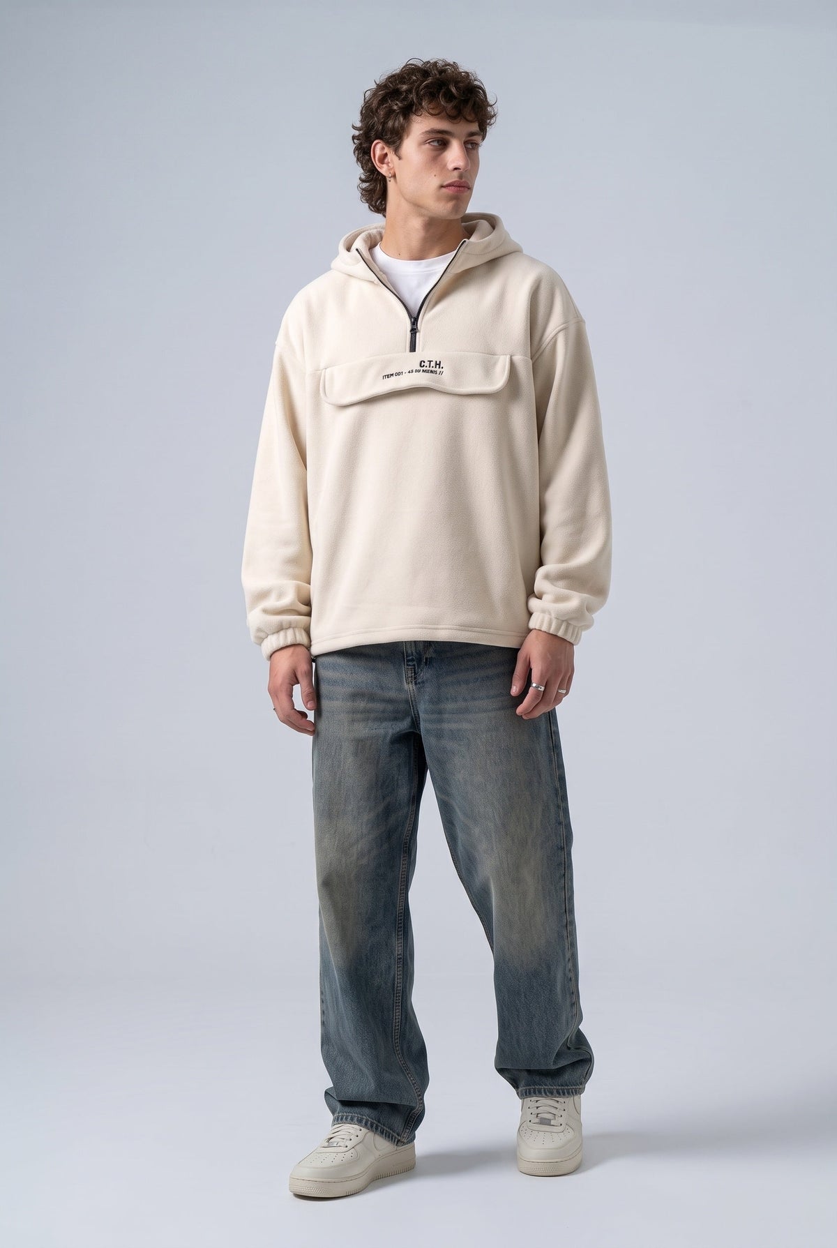 Yarım Fermuarlı Kapüşonlu Polar Sweatshirt