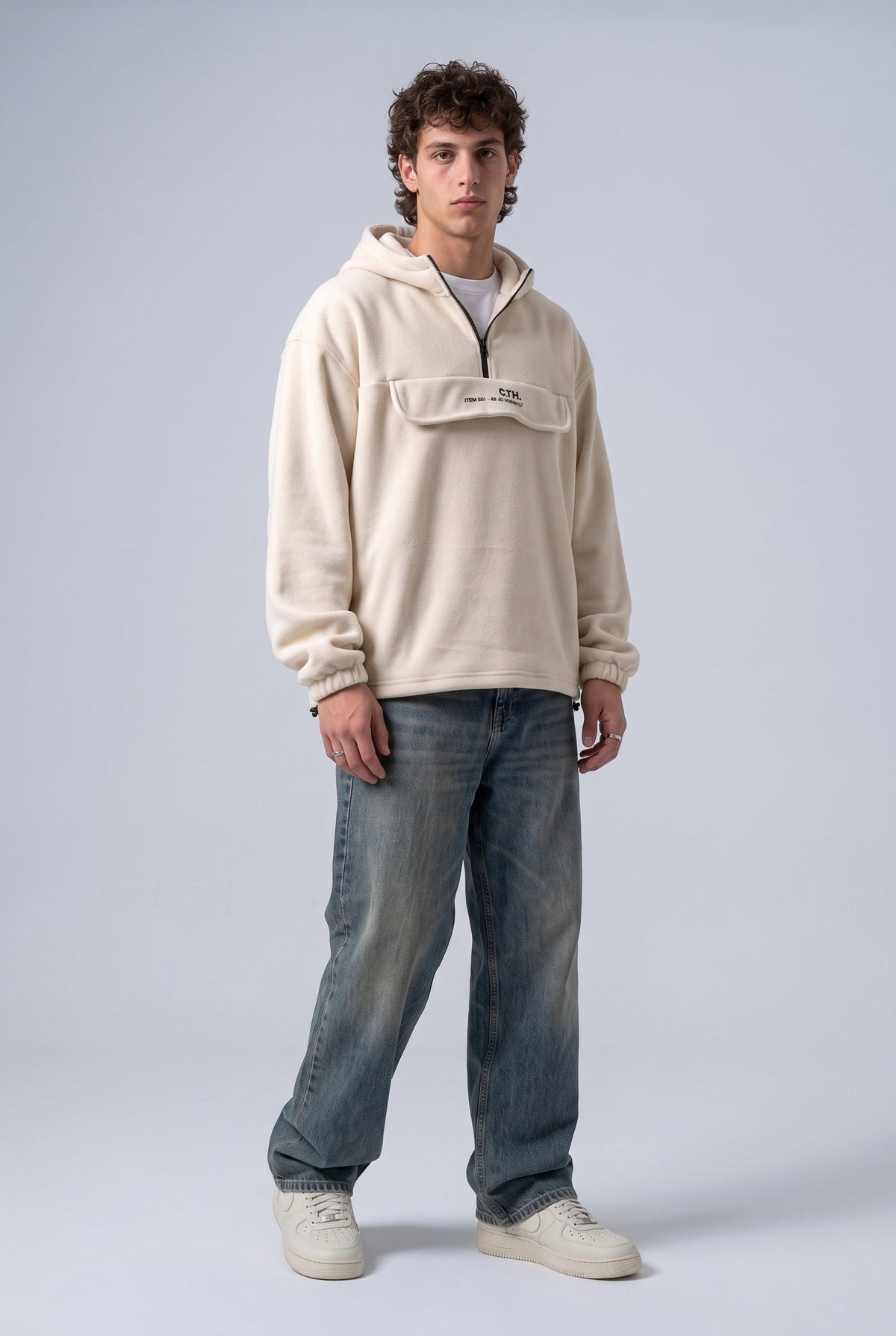 Yarım Fermuarlı Kapüşonlu Polar Sweatshirt