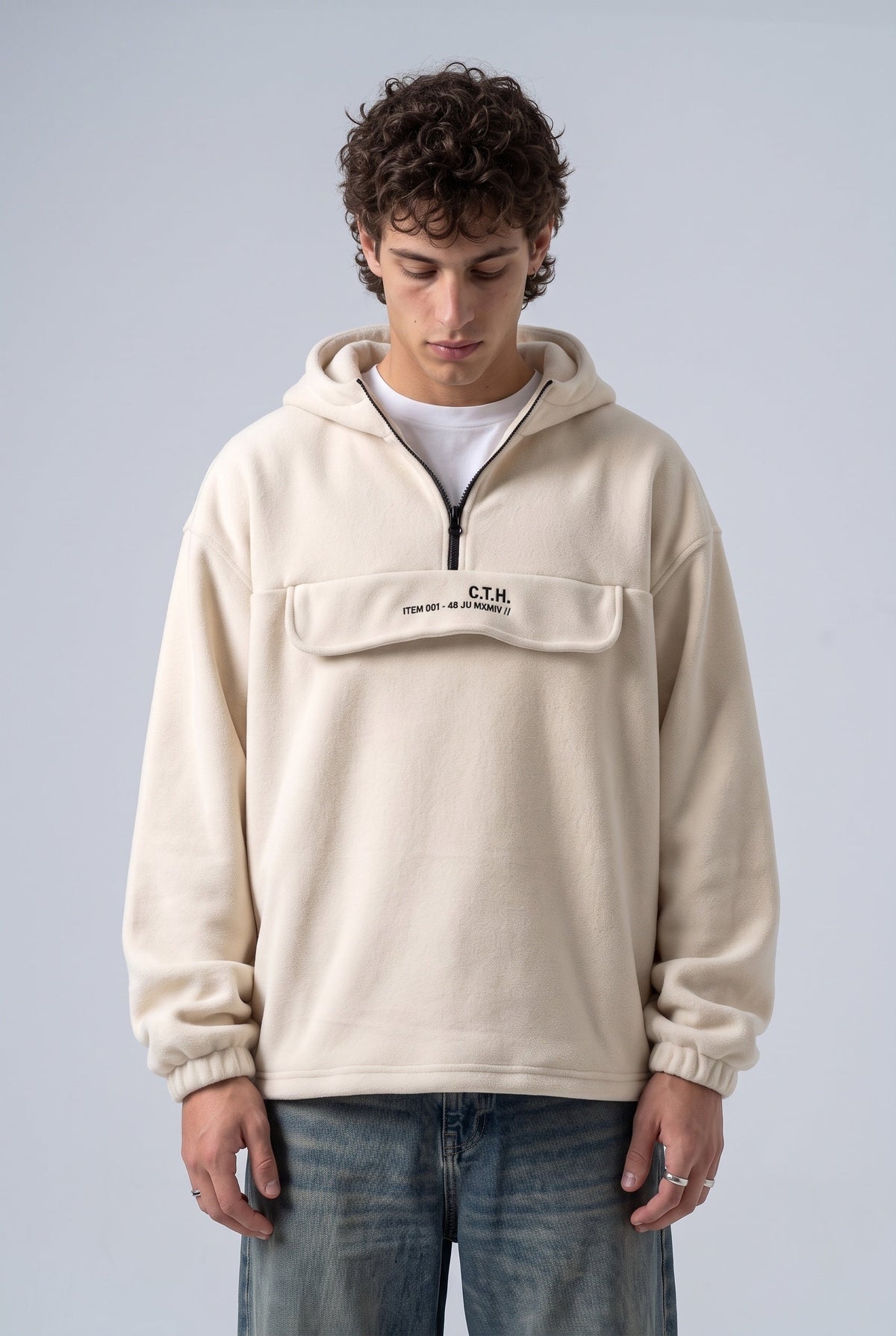 Yarım Fermuarlı Kapüşonlu Polar Sweatshirt