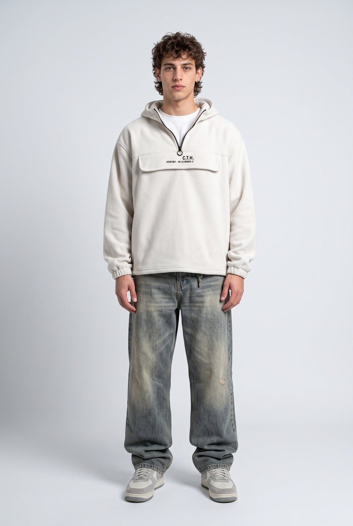 Yarım Fermuarlı Kapüşonlu Polar Sweatshirt