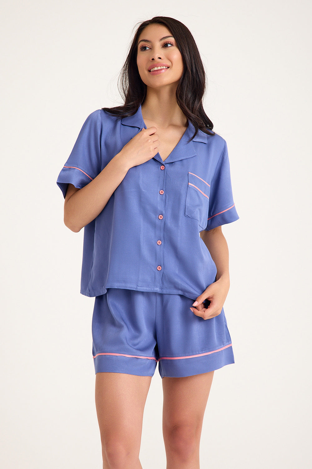 Dream Gri Mavi Viskon Kumaş Maskülen Şort Pijama Takım - 3