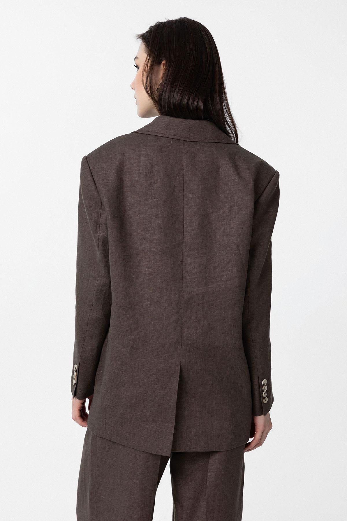 Antioch-Antioch Kahve 100% Keten Kadın Blazer Ceket-Blazer Ceket-5-fleurdirect.live