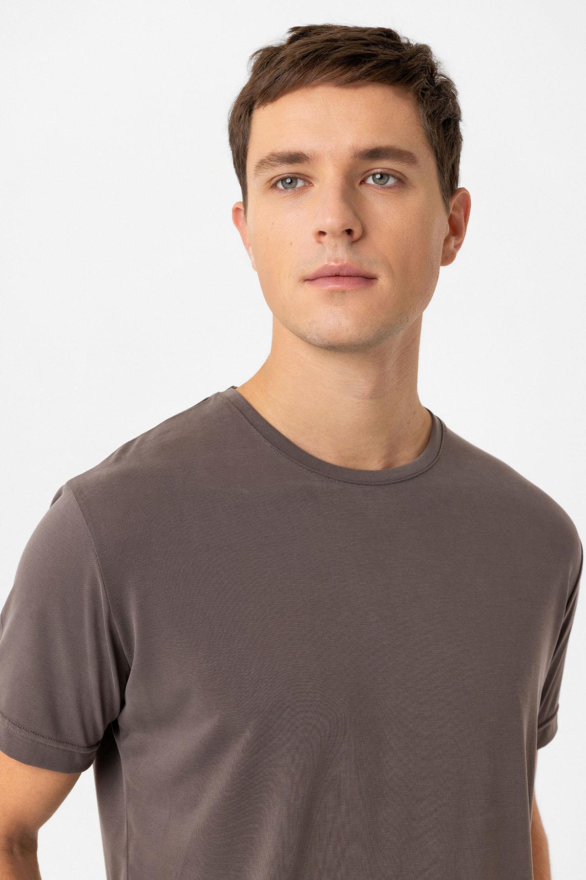 Antioch-Antioch Kahve Regular Fit Modal Teknik Kumaş Erkek T Shirt-T-Shirts-3-fleurdirect.live