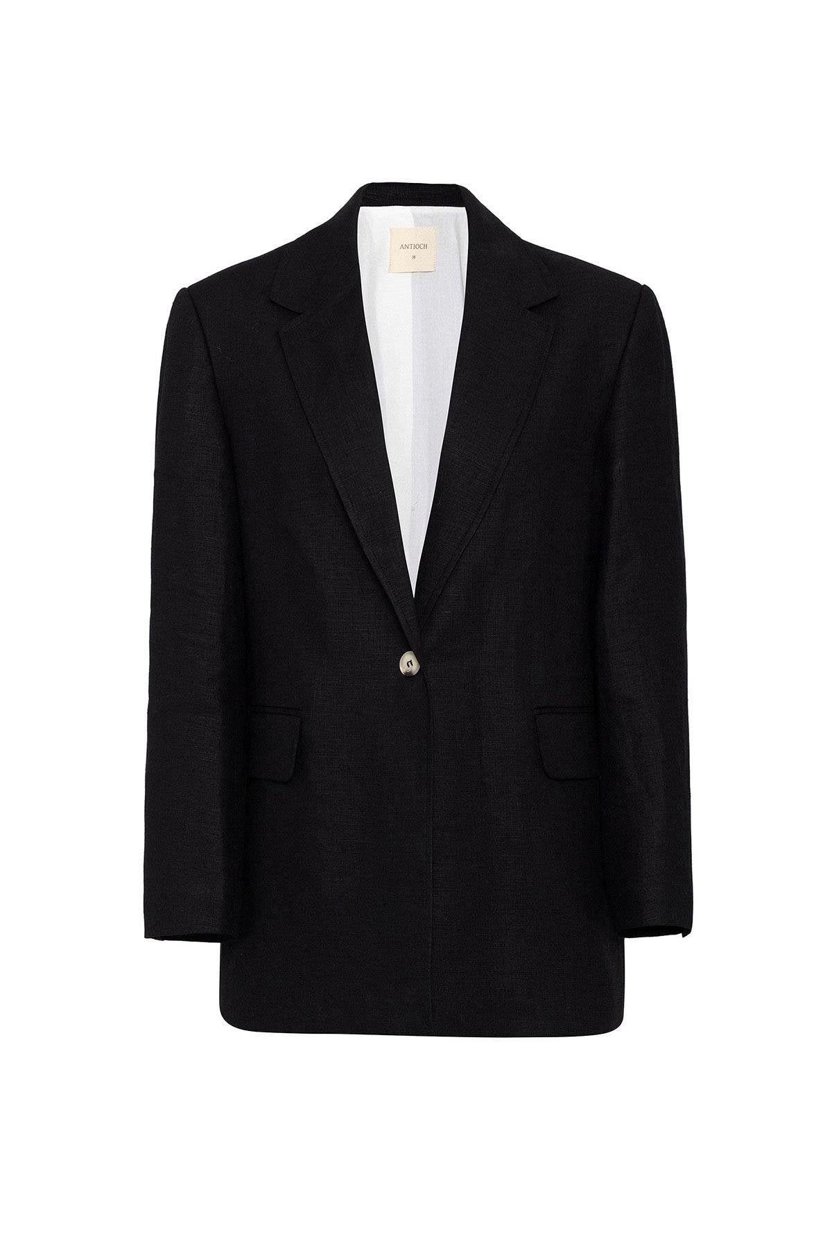 Antioch-Antioch Siyah 100% Keten Kadın Blazer Ceket-Blazer Ceket-6-fleurdirect.live