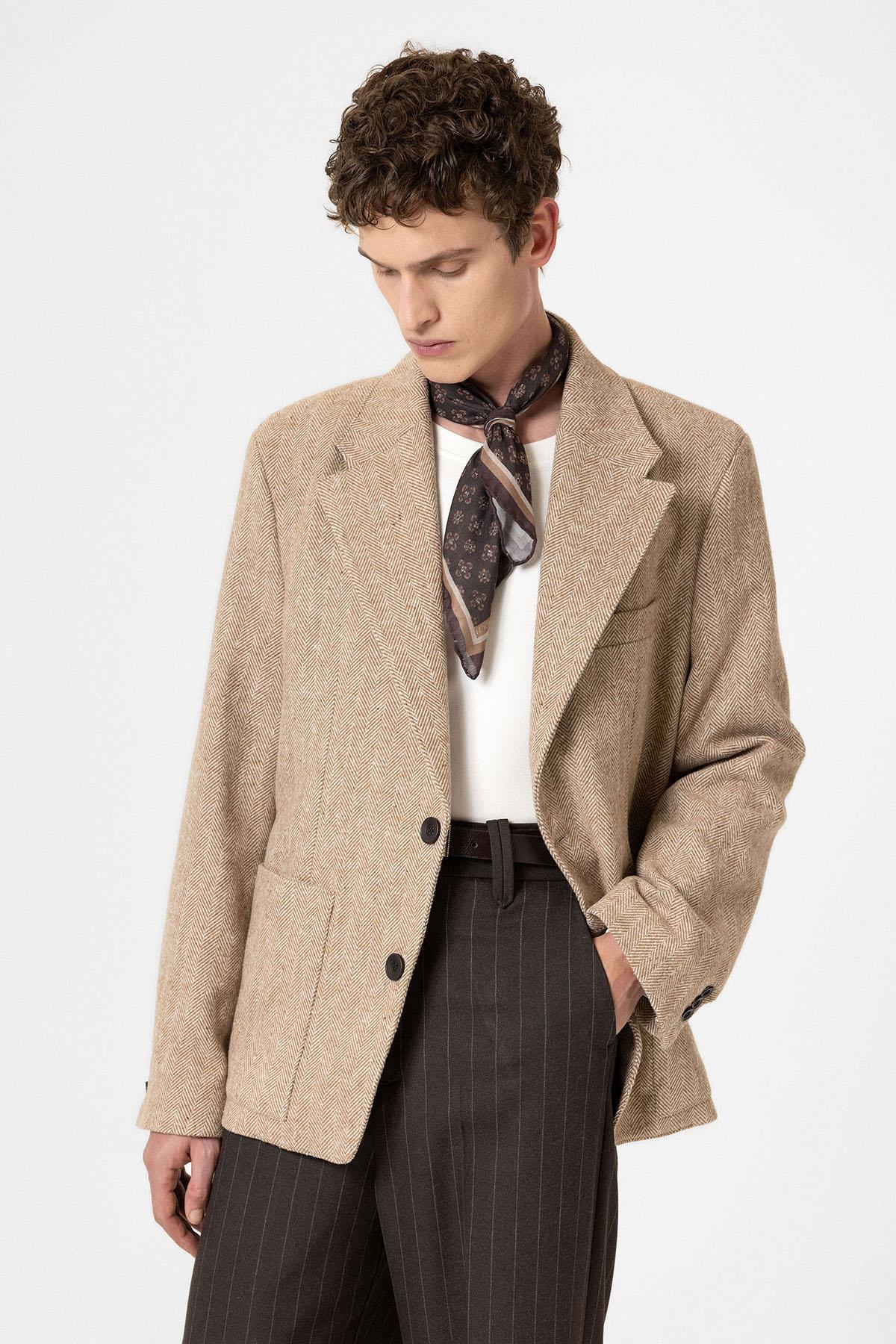 Antioch-Bej Balıksırtı Desenli Oversize Erkek Blazer Ceket-Ceket-2-fleurdirect.live