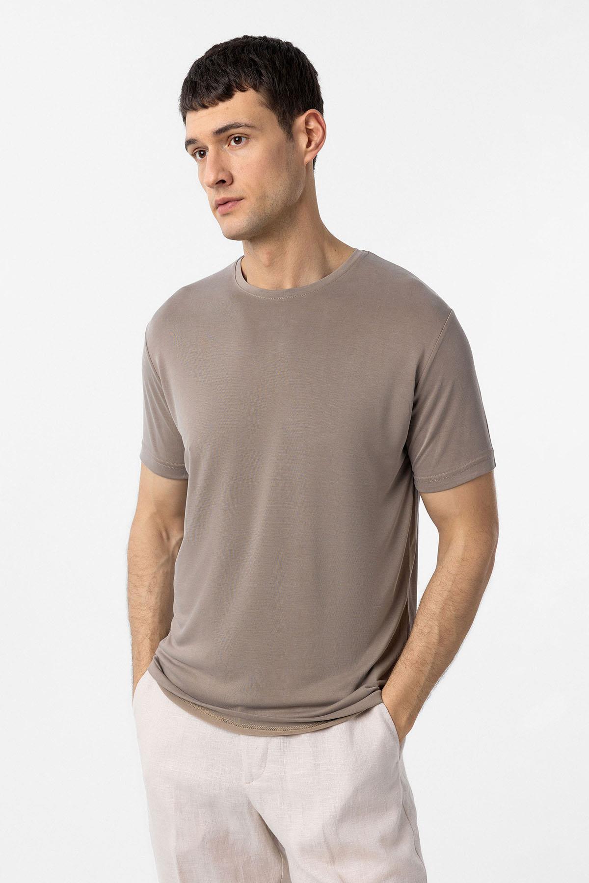 Antioch-Bej Regular Fit Modal Teknik Kumaş Erkek T Shirt-T-Shirts-1-fleurdirect.live