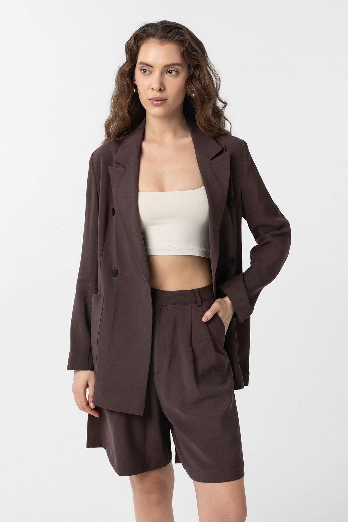 Antioch-Kahve Kruvaze Kadın Blazer Ceket-Blazer Ceket-2-fleurdirect.live