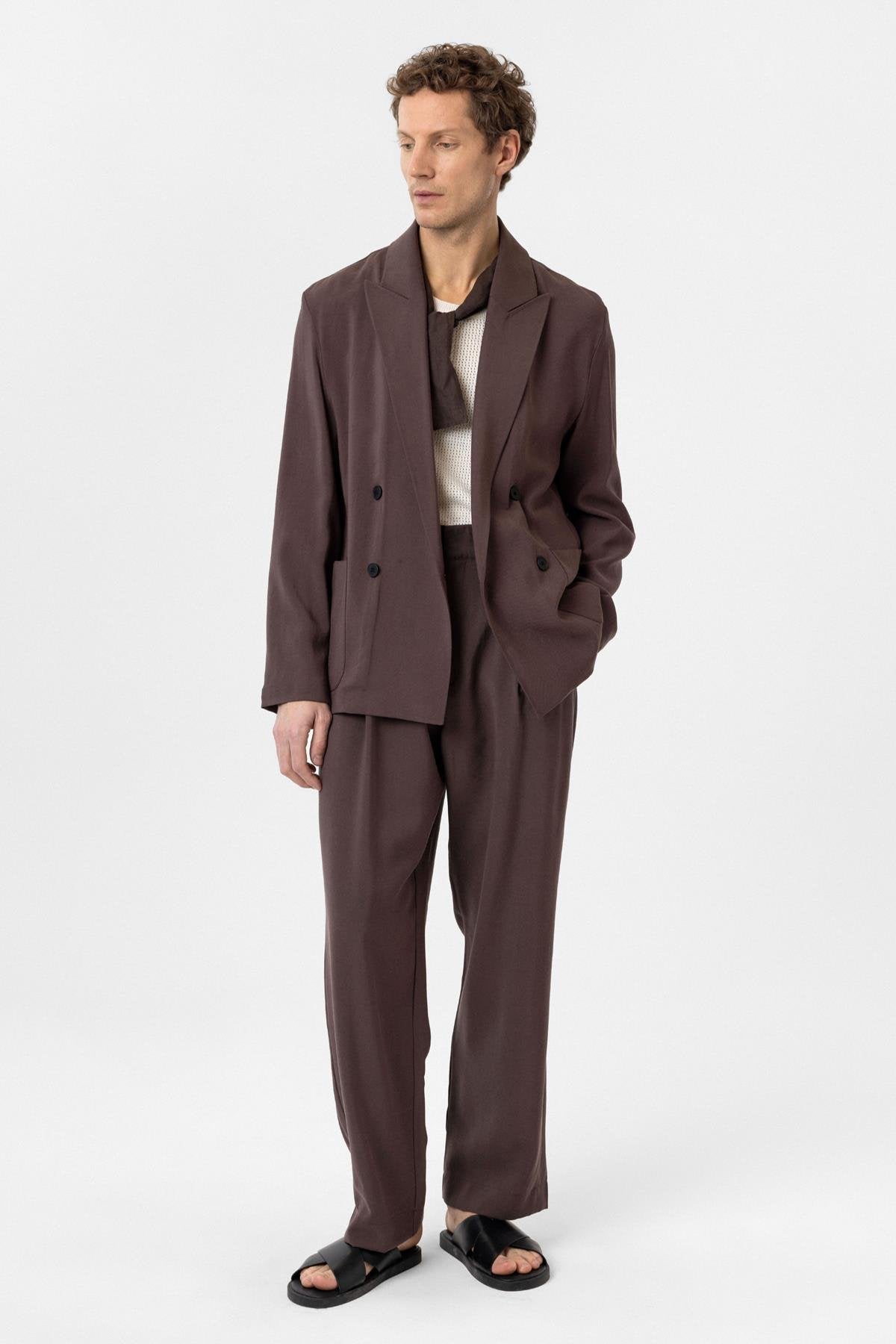 Antioch-Kahve Relax Fit Diagonel İnce Erkek Blazer Ceket-Blazer Ceket-3-fleurdirect.live