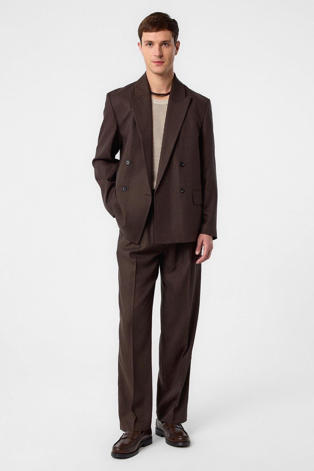 Antioch-Kahve Relax Fit Keten Karışımlı Erkek Blazer Ceket-Blazer Ceket-2-fleurdirect.live