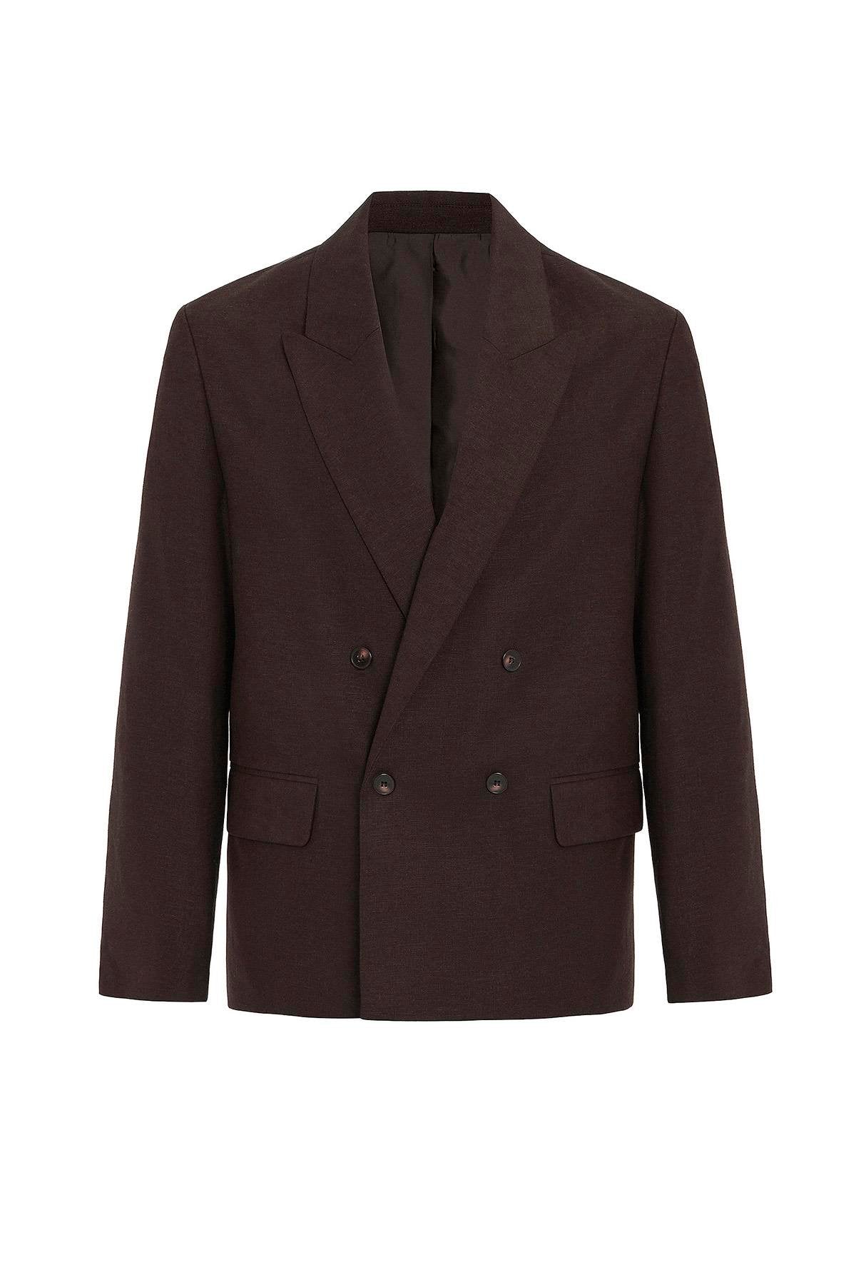 Antioch-Kahve Relax Fit Keten Karışımlı Erkek Blazer Ceket-Blazer Ceket-5-fleurdirect.live