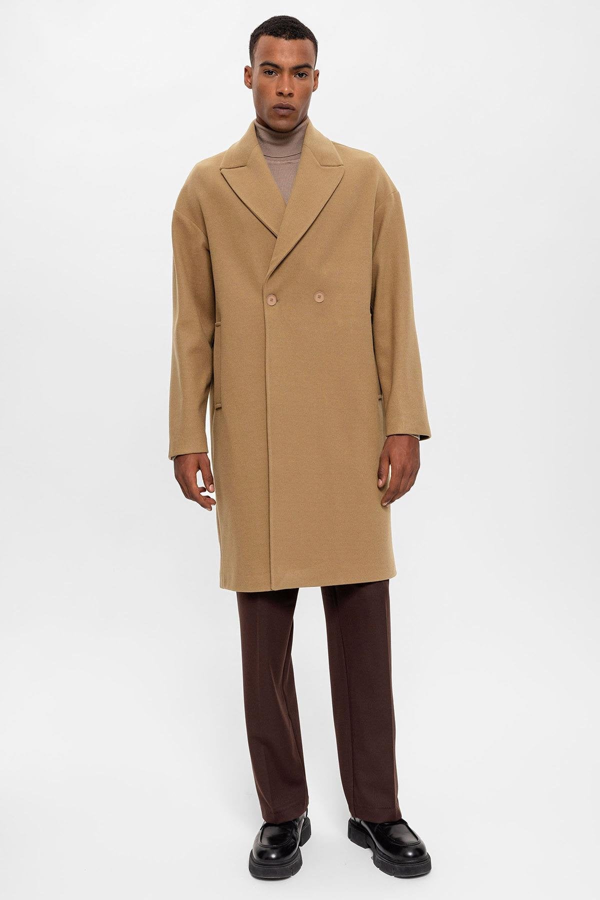 Antioch-Koyu Bej Oversize Kruvaze Erkek Kaban-Kaban-2-fleurdirect.live