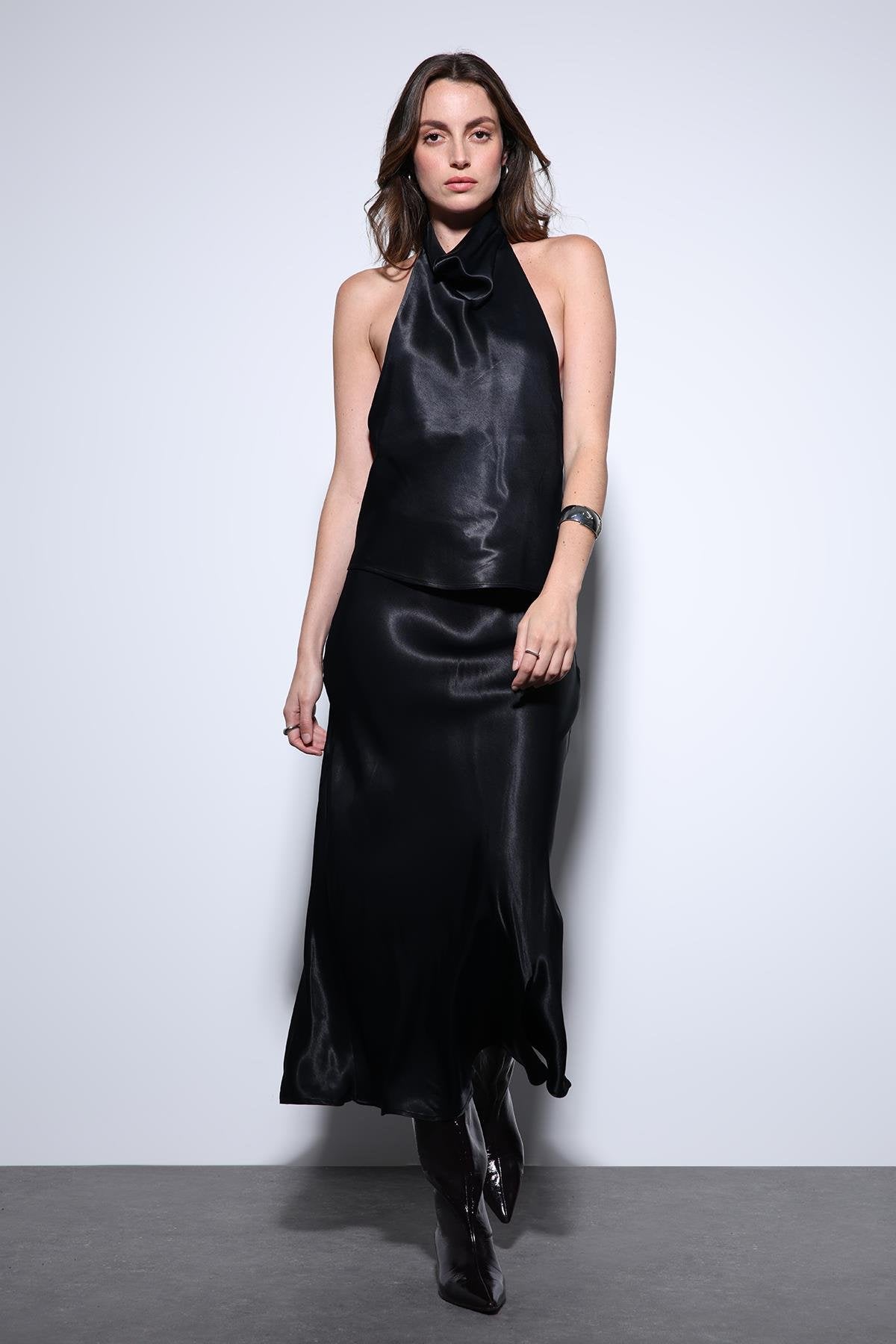 Antioch-Antioch Siyah Saten Halter Kadın Top-Top-2-fleurdirect.live