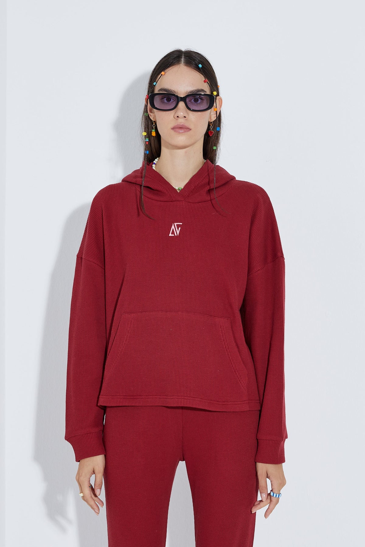 Waffle Oversize Sweatshirt - Kırmızı