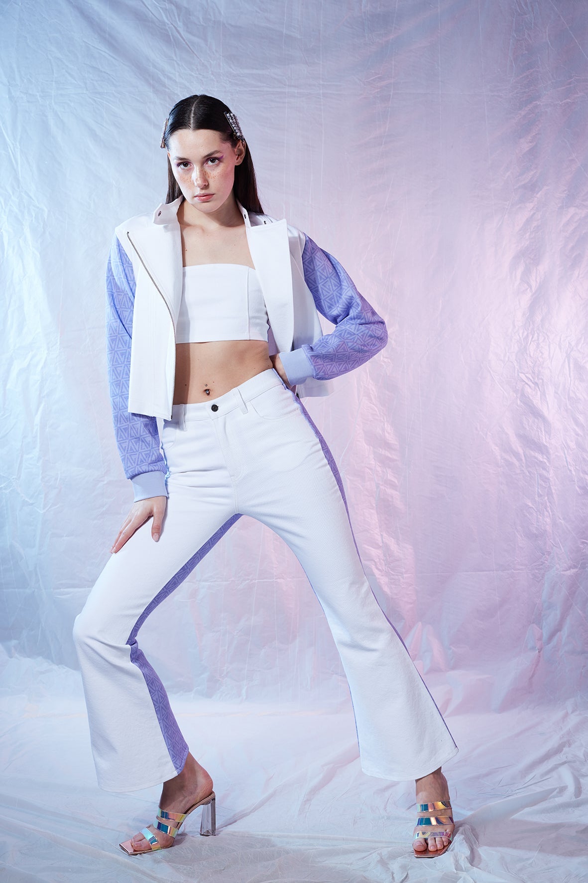 Denim Flare Pantolon - Beyaz/Mor