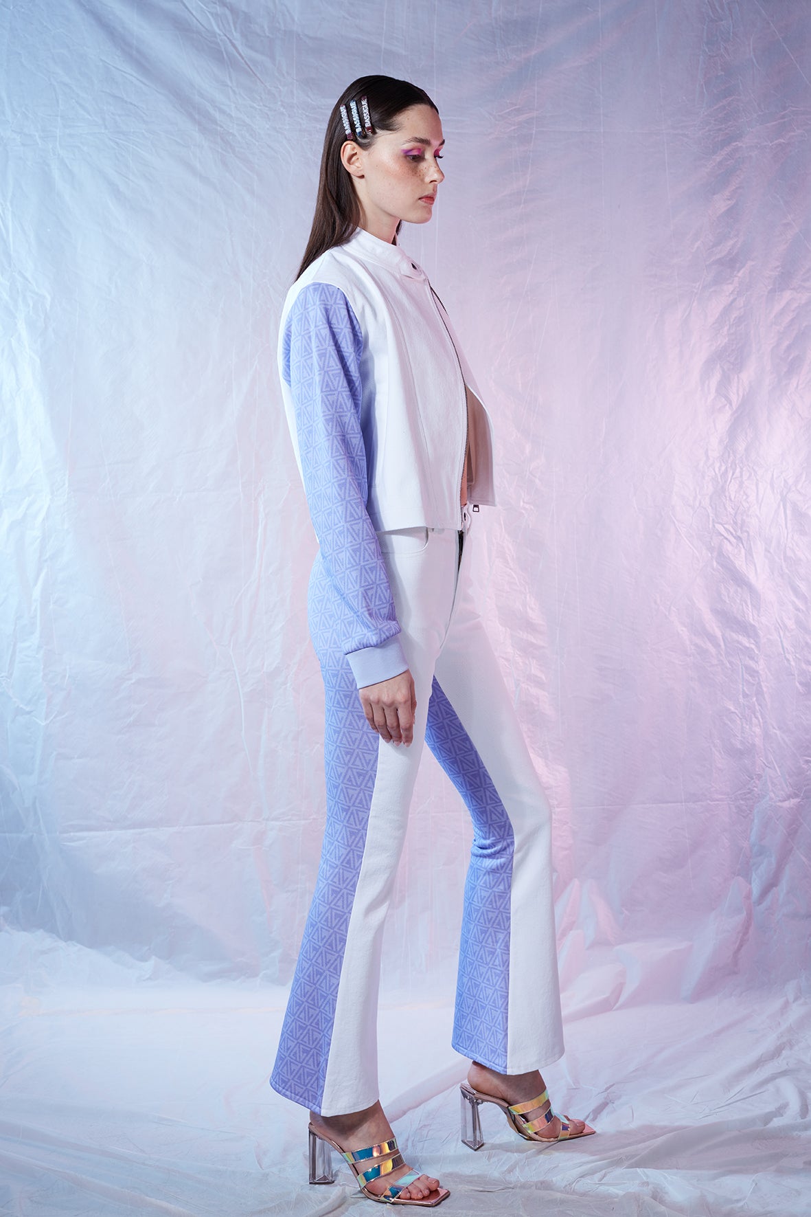 Denim Flare Pantolon - Beyaz/Mor