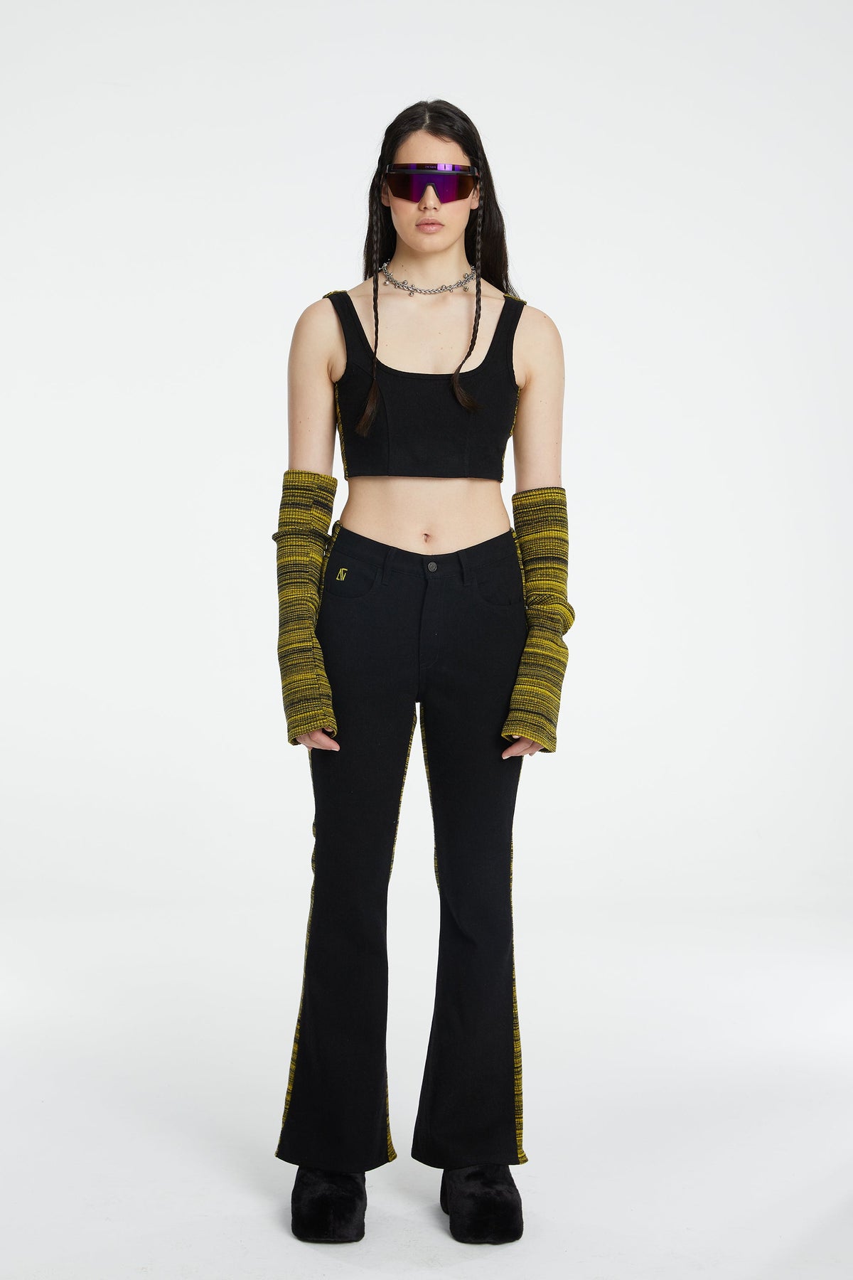 Denim Knit Flare Pantolon - Siyah/Sarı