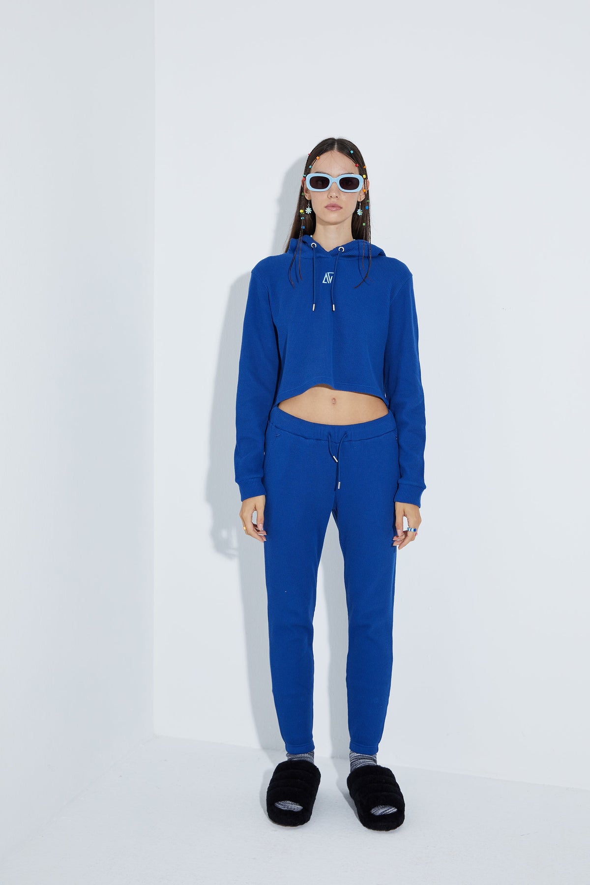 Waffle Kapüşonlu Sweatshirt - Mavi