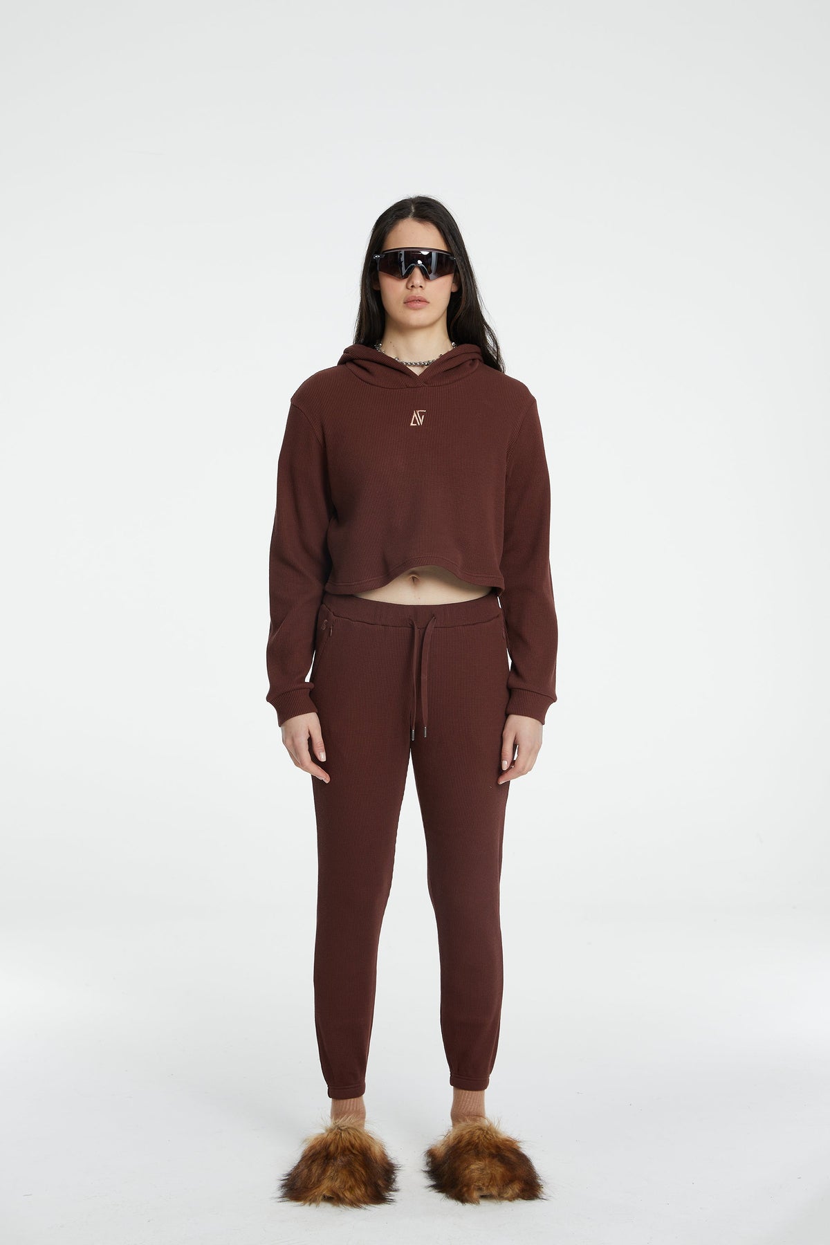 Waffle Kapüşonlu Sweatshirt - Kahverengi