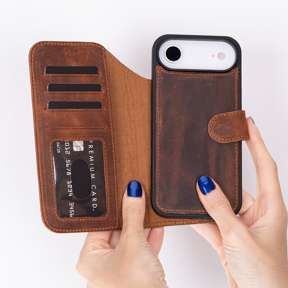 Bloominbag-Bloom Case Magic Wallet Mahogany Saddle Hakiki Deri I Phone 17 Air(6.5") Cüzdanlı Telefon Kılıfı-2-fleurdirect.live
