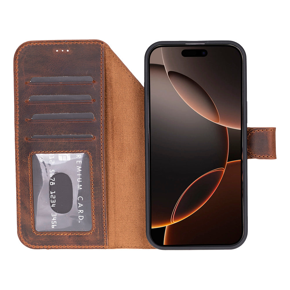 Bloominbag-Bloom Case Magic Wallet Saddle Brown Apple I Phone 17 Pro (6.3") Hakiki Deri çıkarılabilir Cüzdanlı Telefon Kılıfı-5-fleurdirect.live