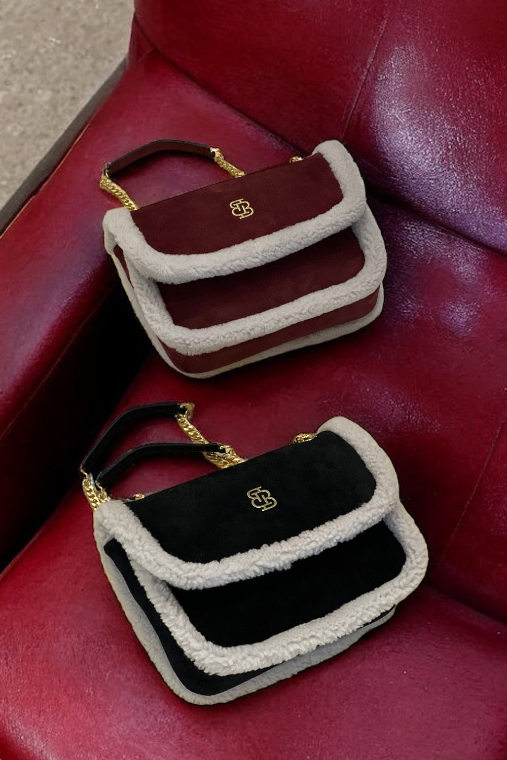 Bloomsbury-Les Alpes Bordo Shearling Süet Çanta-El Çantası-2-fleurdirect.live