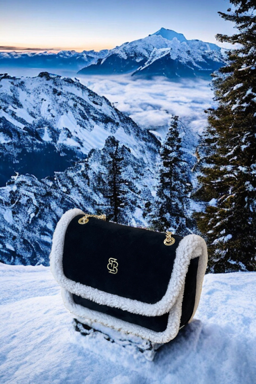 Bloomsbury-Les Alpes Siyah Shearling Süet Çanta-El Çantası-1-fleurdirect.live
