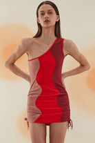 Bonesta-Meska Beige, Scarlet Red And Burgundy Terry Tek Omuz-Elbise-2-fleurdirect.live