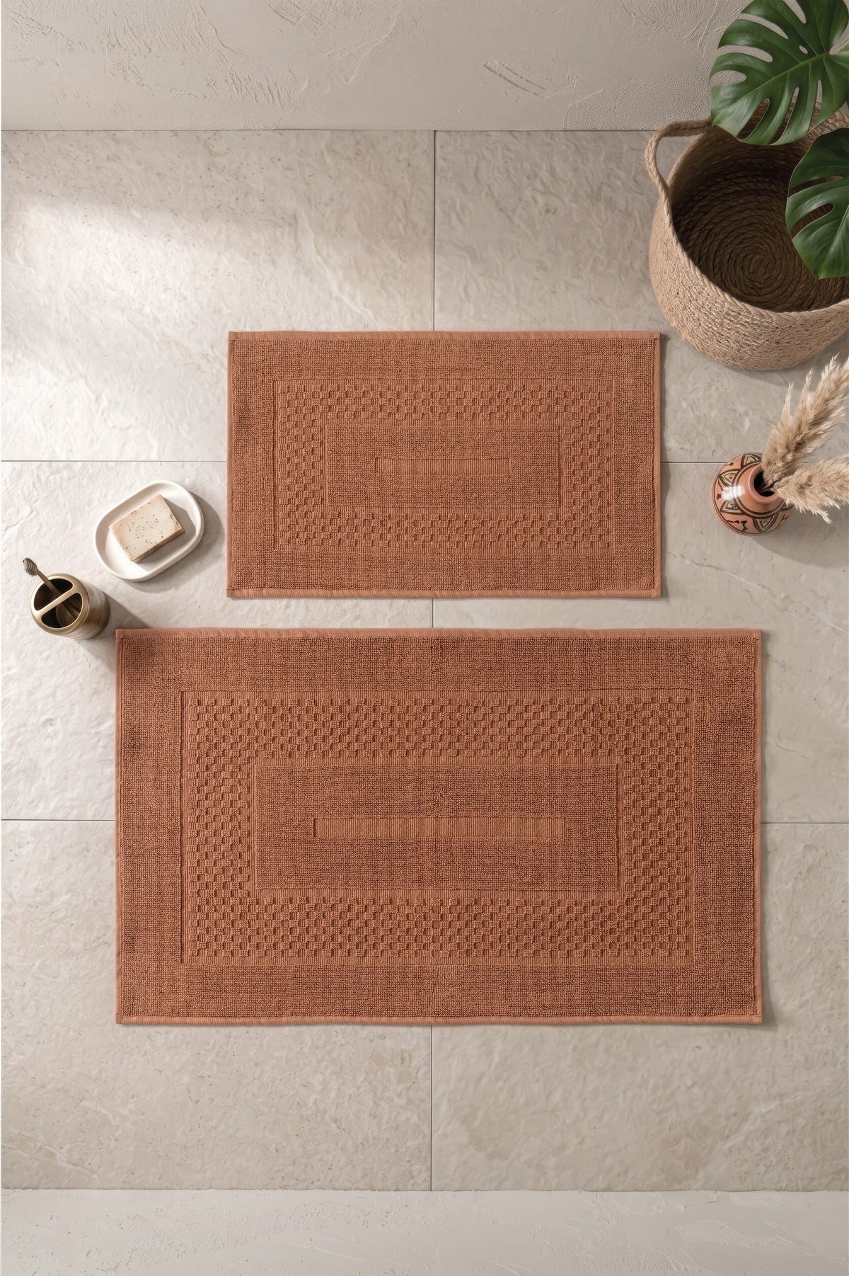  Aura Jakarlı Kaymaz Taban Pamuklu Paspas Seti Frame Coral 60X90+40X60
