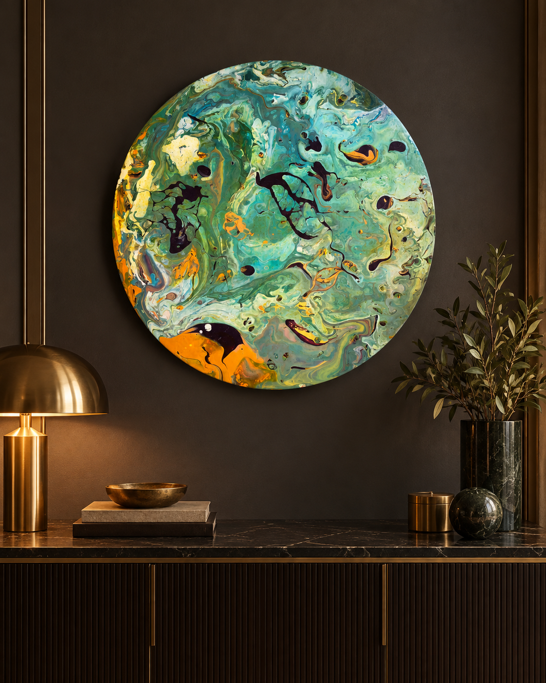 Akış – 33 Cm Yuvarlak El Yapımı Akrilik Tablo | Es Artisan Studio