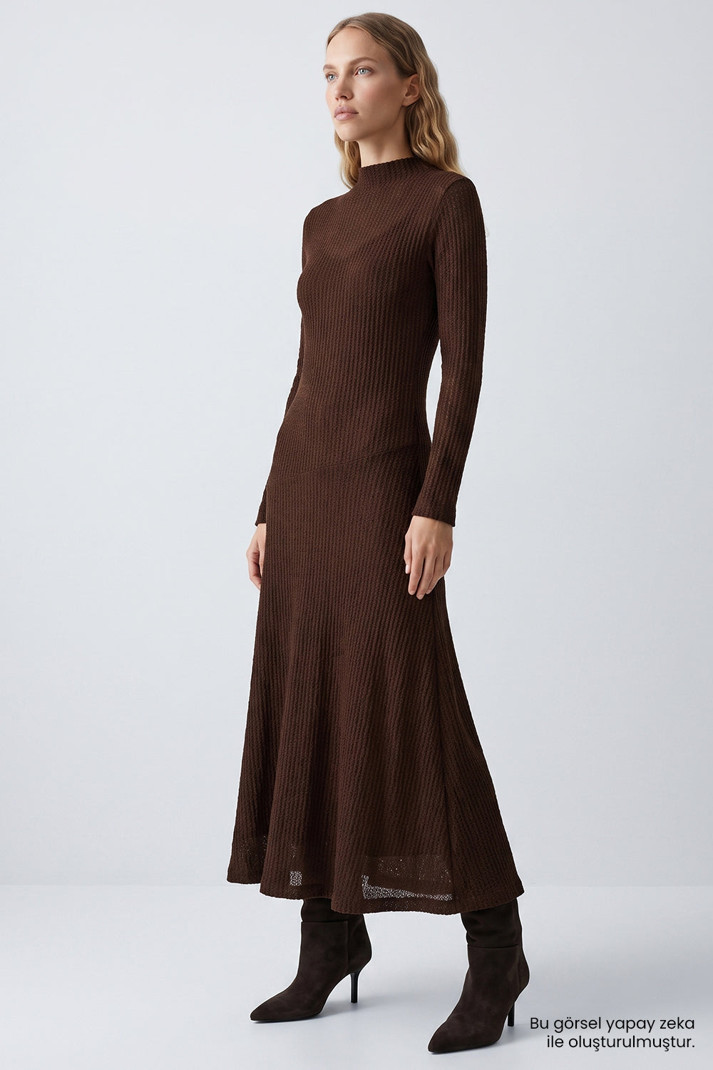 Astarlı Dantel Kloş Midi Slim Fit Örme Kahverengi Elbise