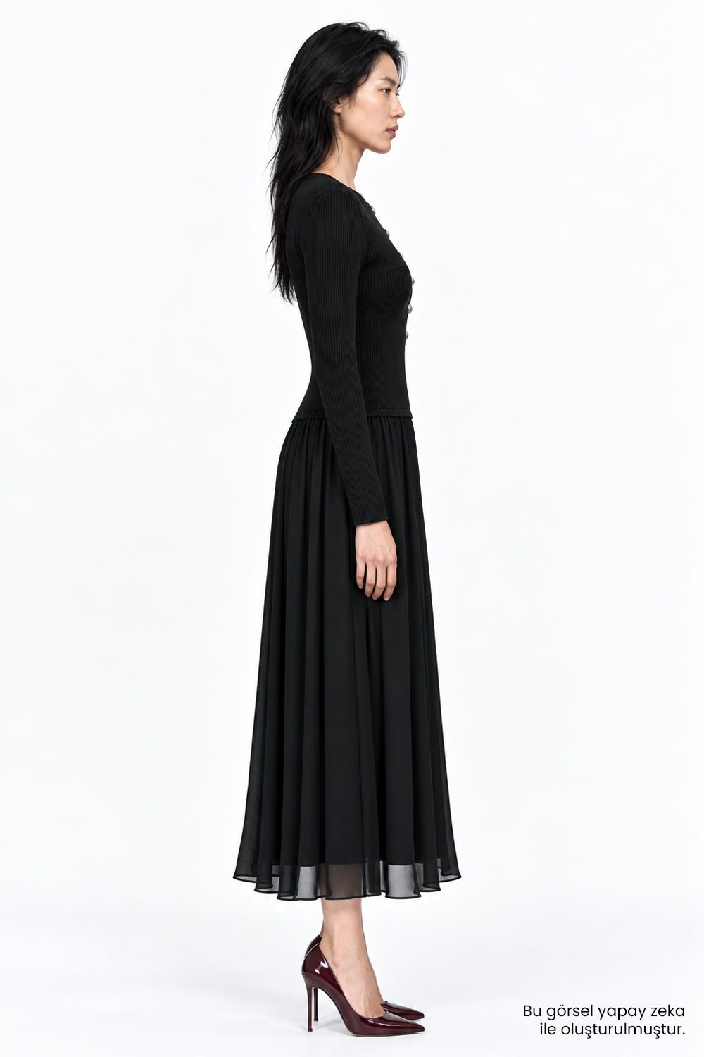 Bele Oturan Triko Garnili Astarlı Slim Fit Siyah Elbise