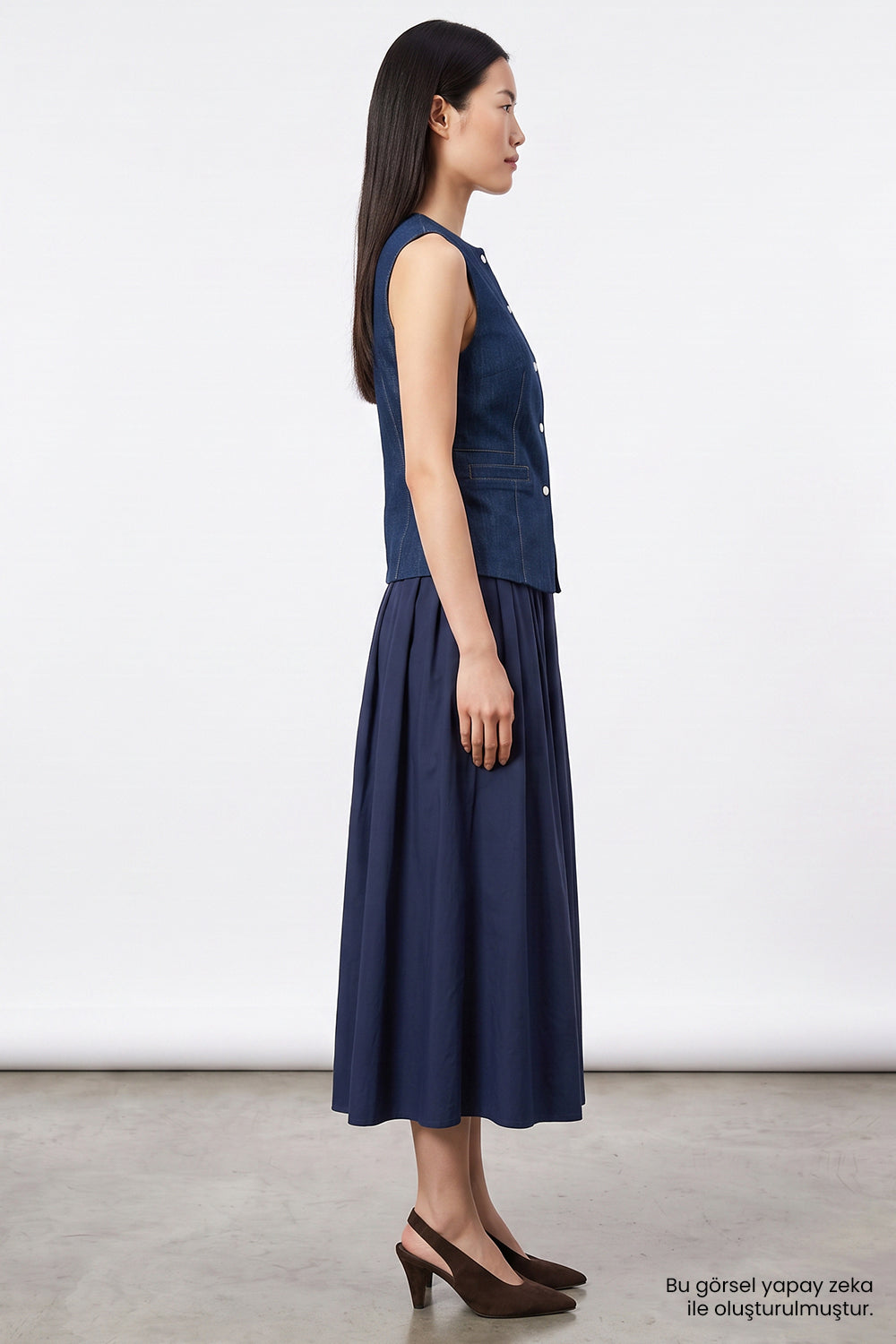 Denim Garnili Fermuarlı Regular Midi Mavi Elbise