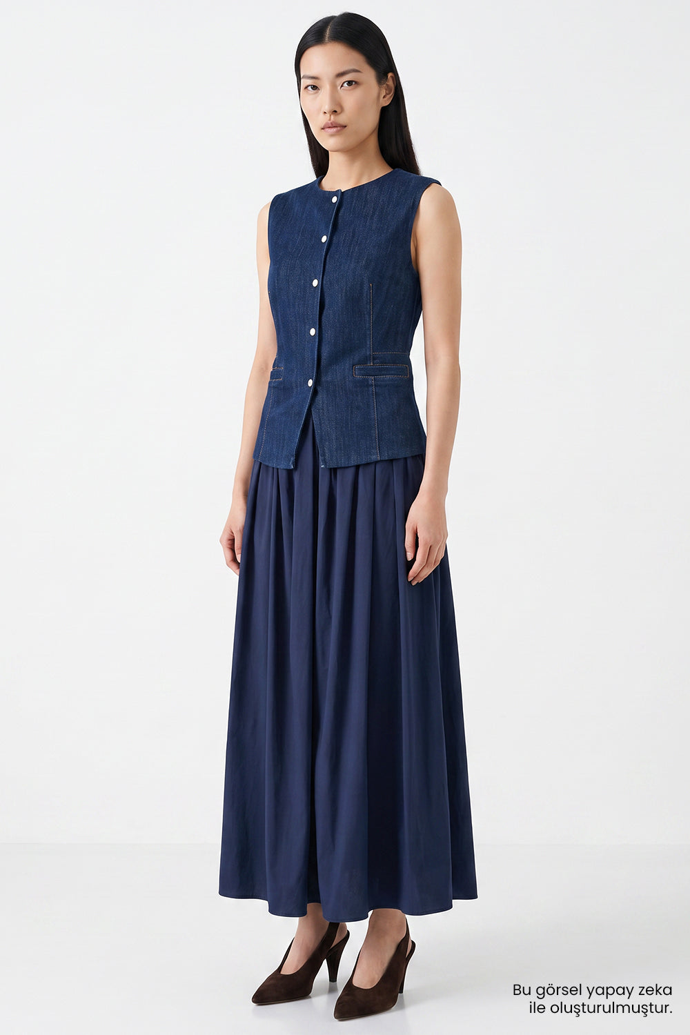 Denim Garnili Fermuarlı Regular Midi Mavi Elbise