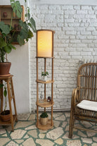 Fagus Wood-Lona Raflı Lambader, 3 Katlı Ahşap Zemin Aydınlatması, Keten Abajurlu Masif Modern Dekoratif Lamba-Lambader-6-fleurdirect.live