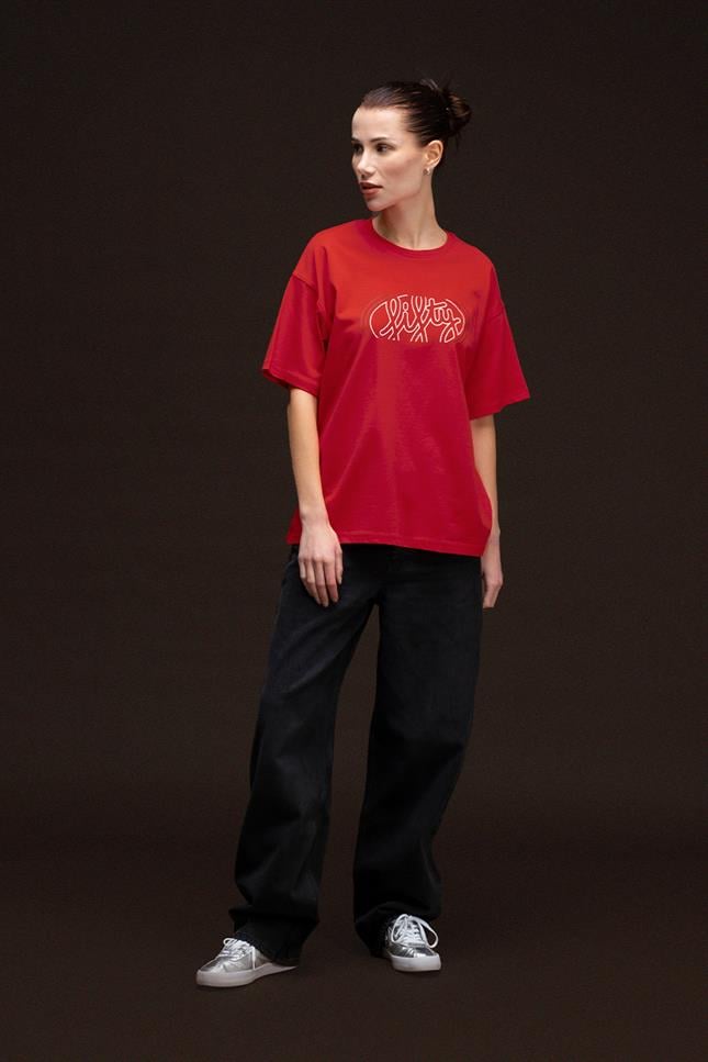 Fifty Pieces-Kadın Kırmızı Oversize Sırt Baskılı T Shirt-T-shirt-5-fleurdirect.live