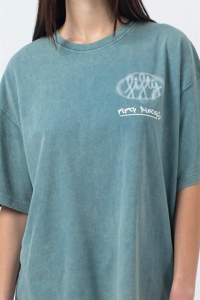 Fifty Pieces-Yeşil Oversize Asit Yıkamalı T-Shirt-T-Shirts-2-fleurdirect.live