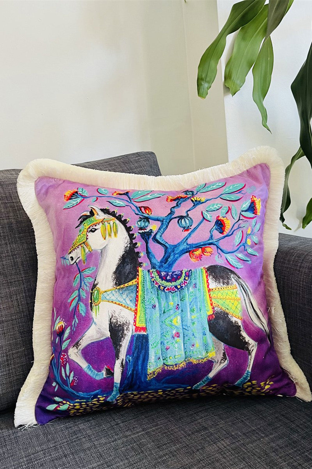 Ge Living-Dekoratif Mustang At Desenli Mor Kadife Kırlent Kılıfı 45 X 45 Cm-Kırlent Kılıfı-2-fleurdirect.live