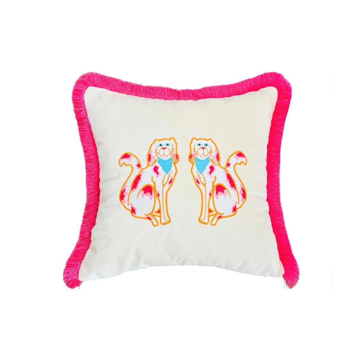 Ge Living-Pembe Köpek Desenli Bej Kadife Kırlent Kılıfı ( 45 Cm X 45 Cm )-Kırlent Kılıfı-1-fleurdirect.live