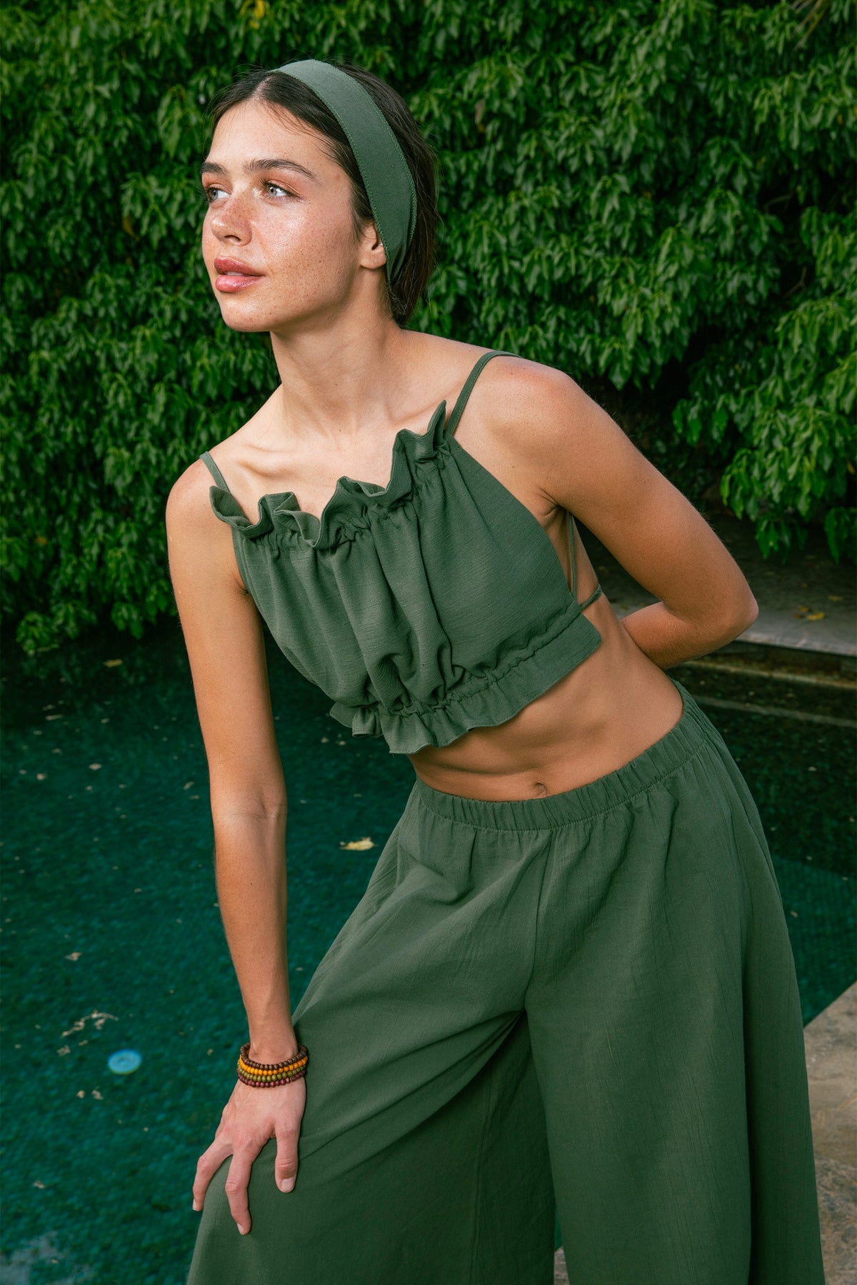 Handarte Los Angeles-Yeşil Büzgülü İpli Crop-Crop Top-4-fleurdirect.live
