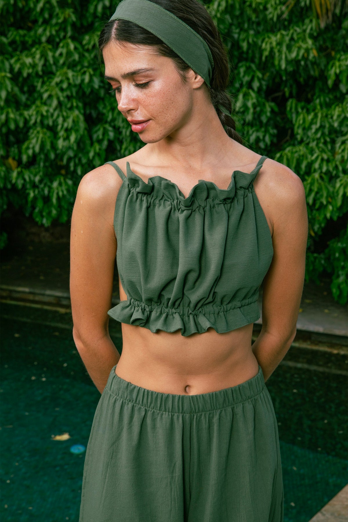 Handarte Los Angeles-Yeşil Büzgülü İpli Crop-Crop Top-9-fleurdirect.live
