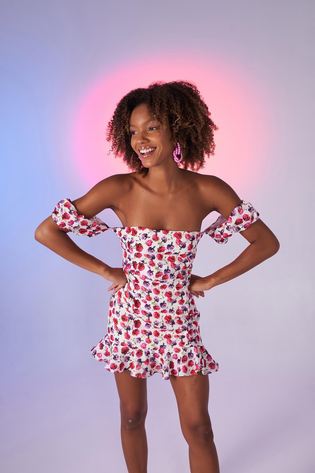 Holly Lolly-Cassie Çiçek Desenli Yazlık Mini Elbise – Pembe-Elbise-1-fleurdirect.live