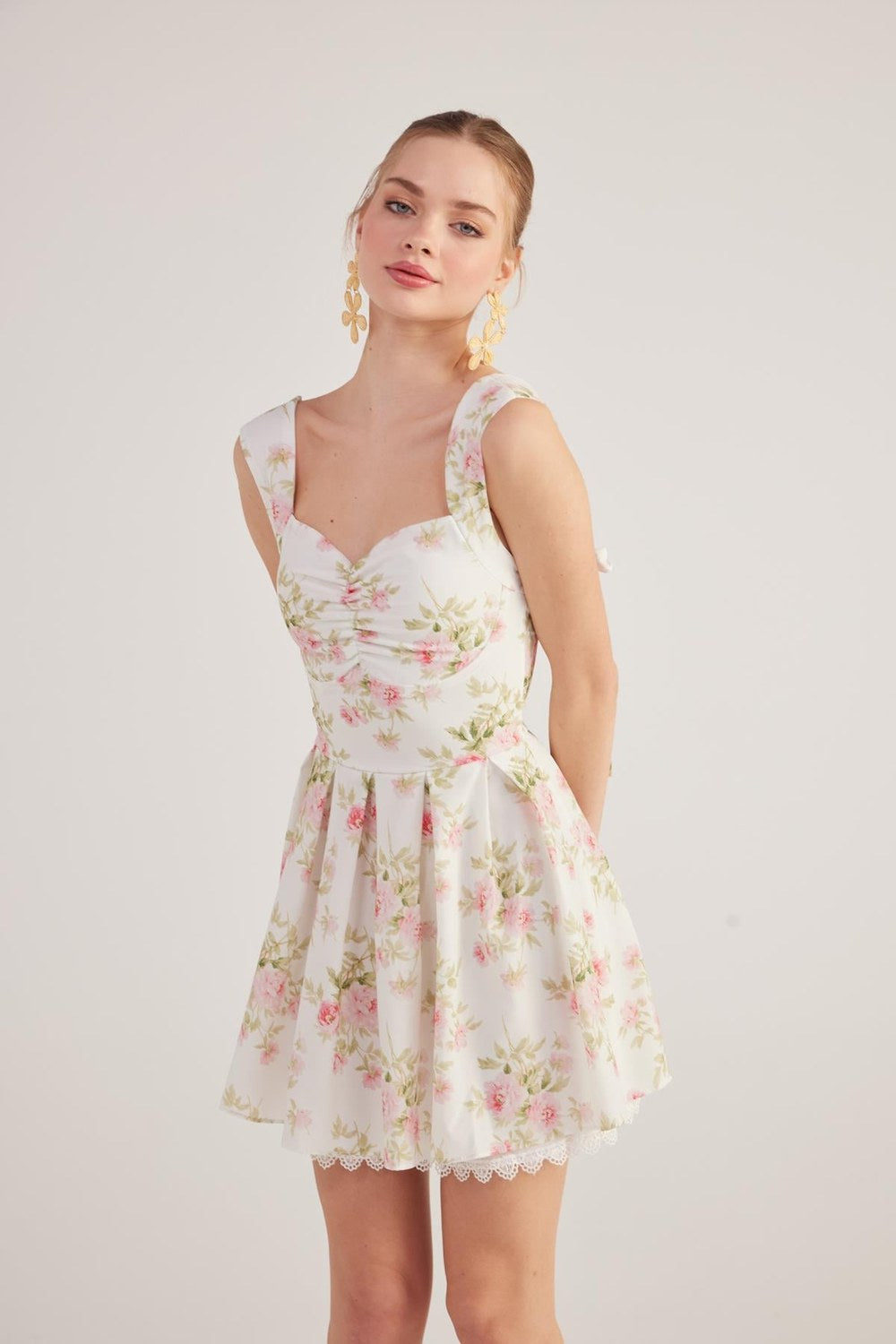 Eteği Brode Detaylı Çiçek Desenli Mini Elbise, Pembe - 3