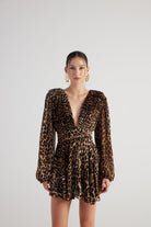 Leopar Desenli V Yaka Mini Janet Elbise Kahve