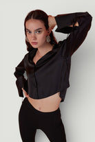 Özel Dokulu Saten Crop Silky Gömlek Siyah