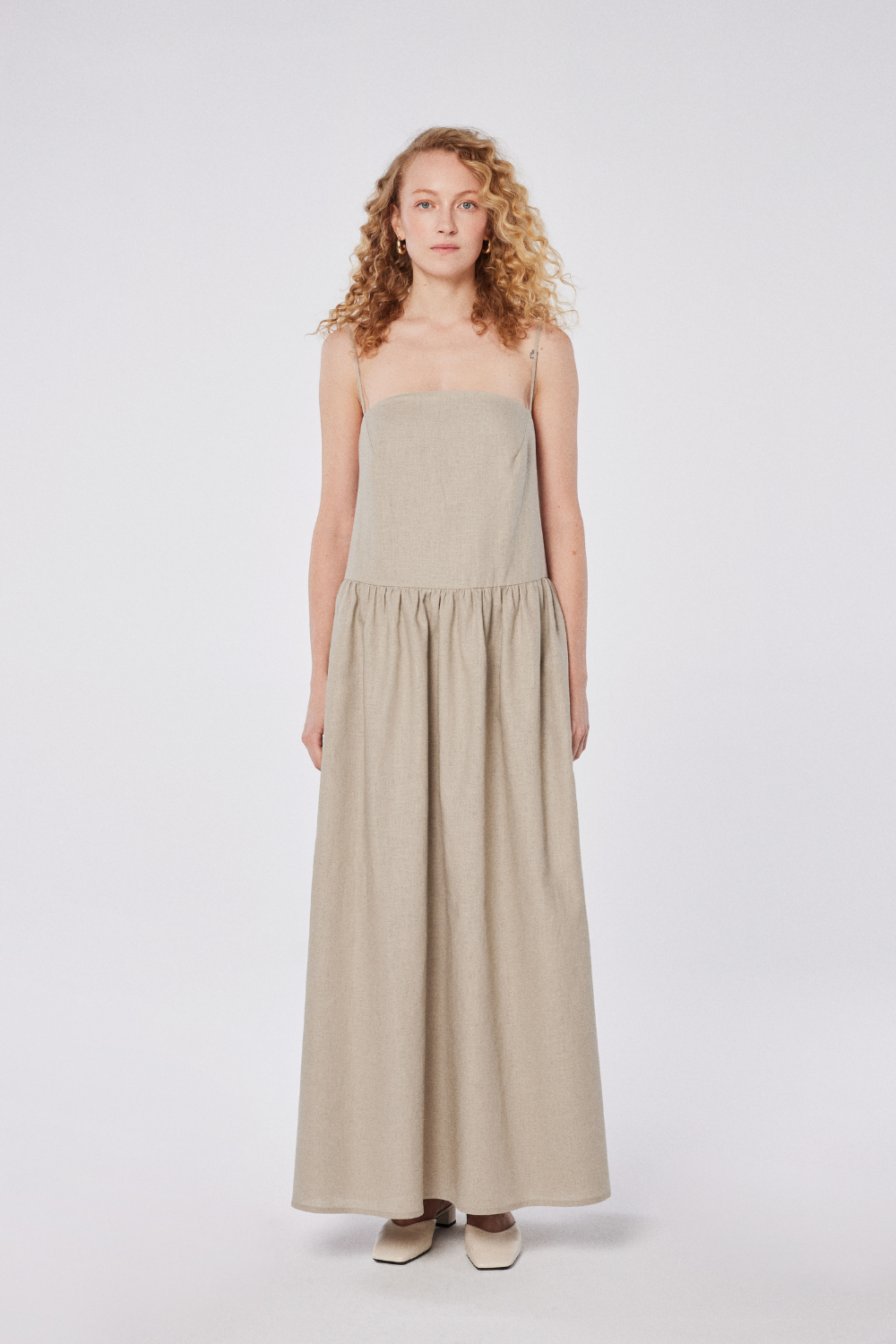 House of IKA-Oval Yaka Keten Maxi Elbise-Elbise-1-fleurdirect.live
