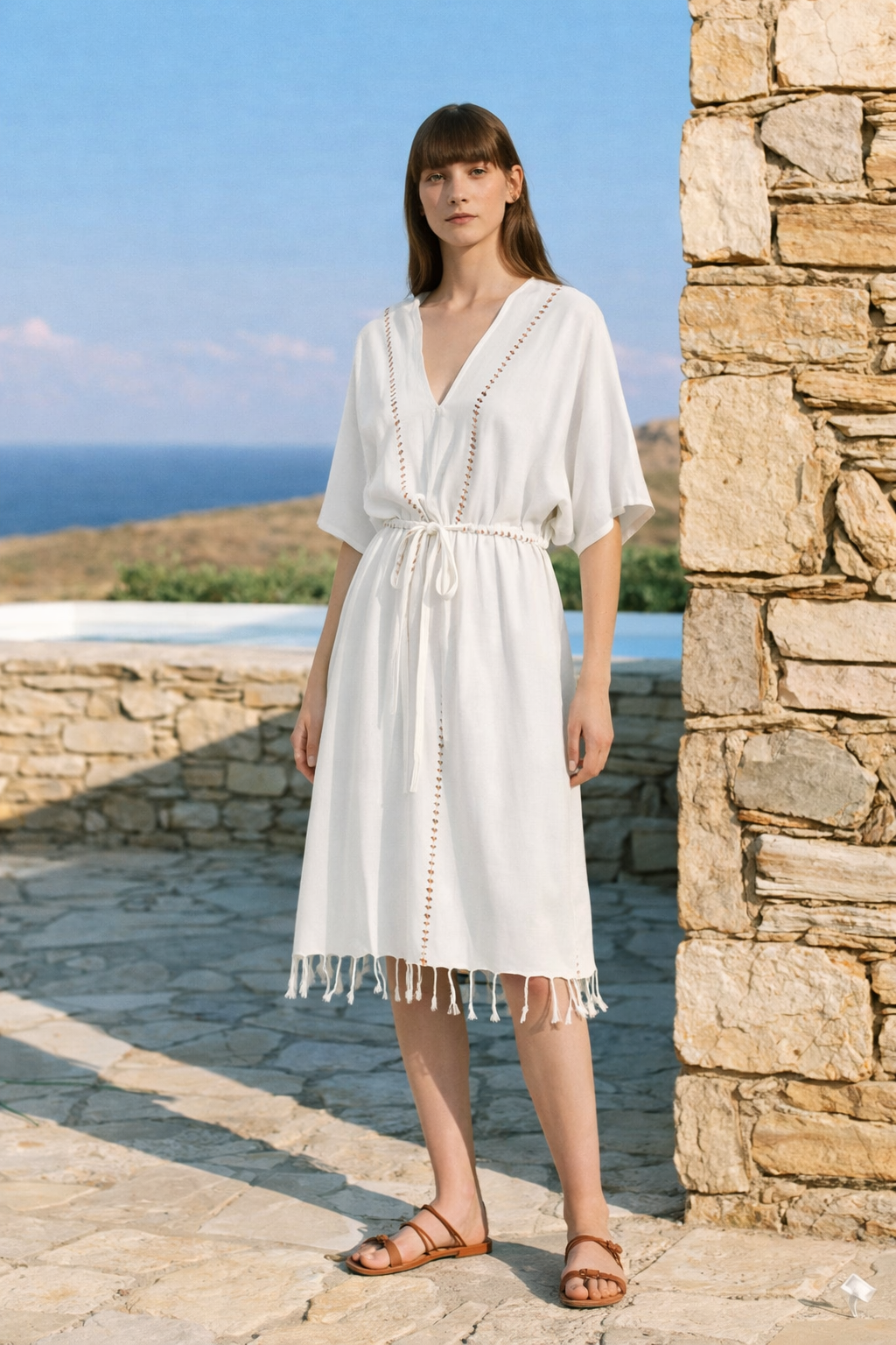 İRYA-Serene Uzun Plaj Elbisesi - Turuncu Örgü Ajur-Elbise-2-fleurdirect.live