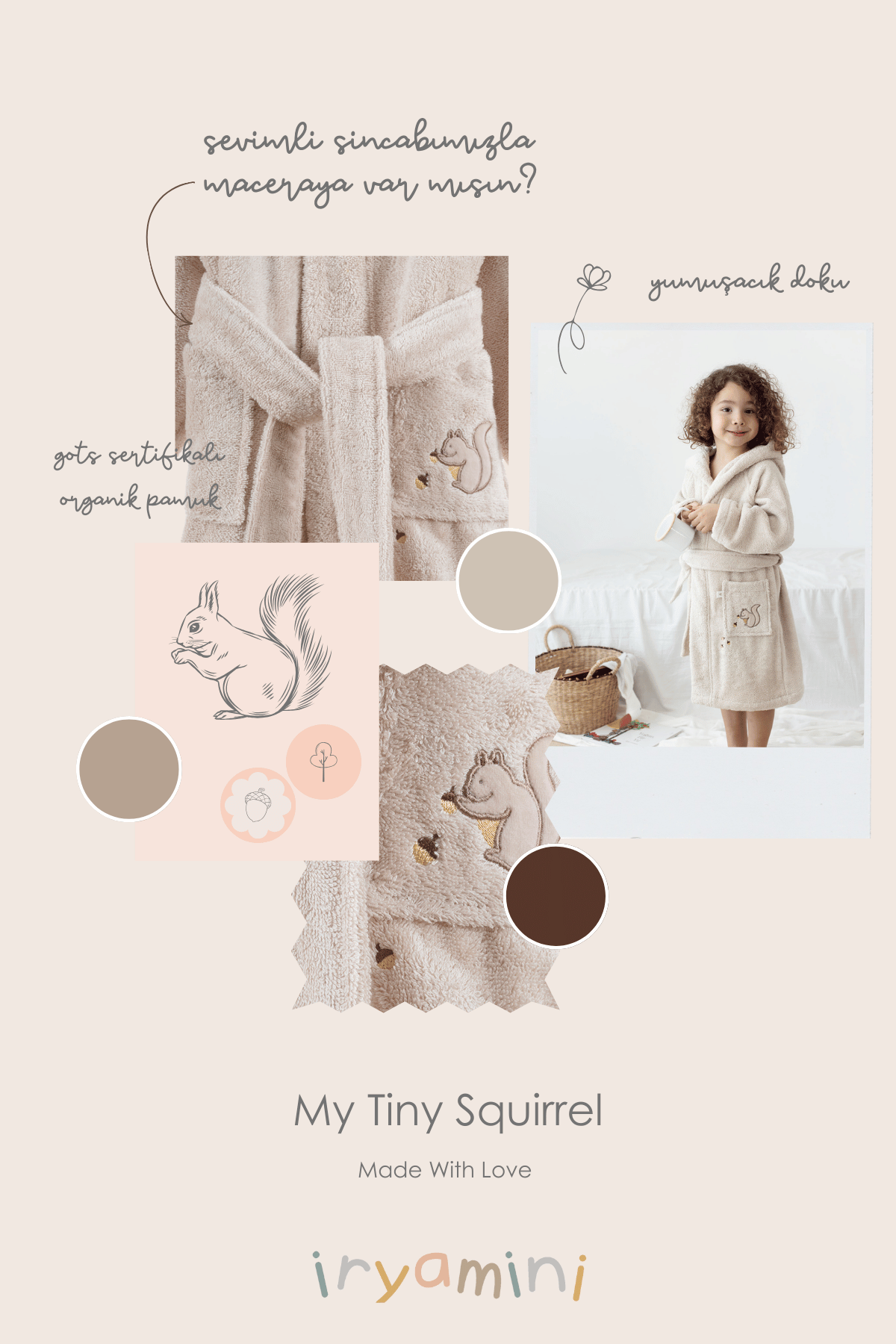 İRYA-Tiny Squirrel Organik Pamuk Nakışlı Çocuk Bornoz Bej-Bornoz-5-fleurdirect.live