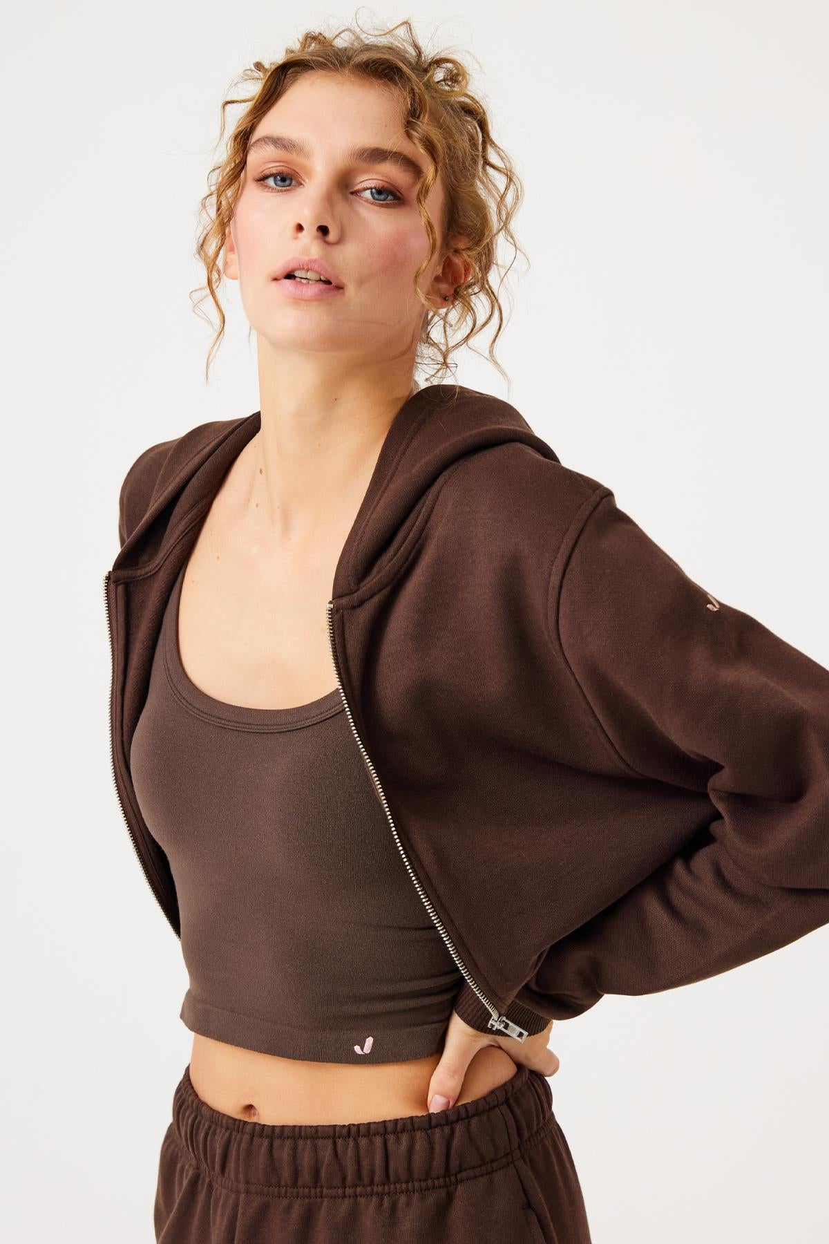 Jerf-Aura Fermuarlı Crop Hoodie Kahverengi-Sweatshirts & Hoodies-4-fleurdirect.live