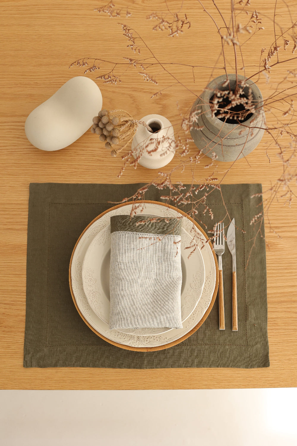 Km Home Collection-2'li Set Yeşil Keten Amerikan Servis-Sunum Aksesuarları-1-fleurdirect.live